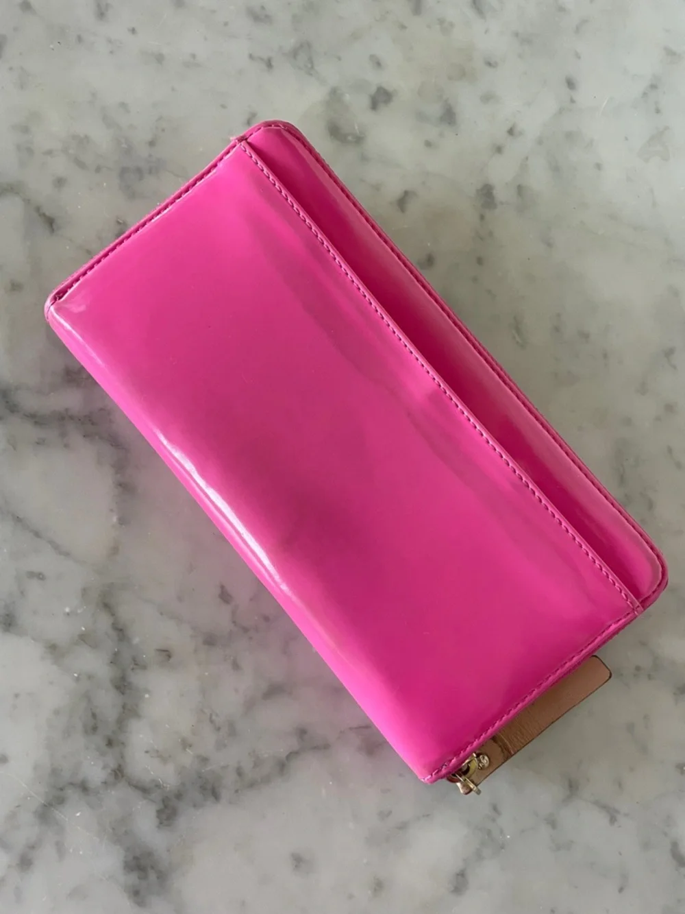 KATE SPADE Spencer Hot Pink Patent Zip-Around Wallet Newspaper Print Lining